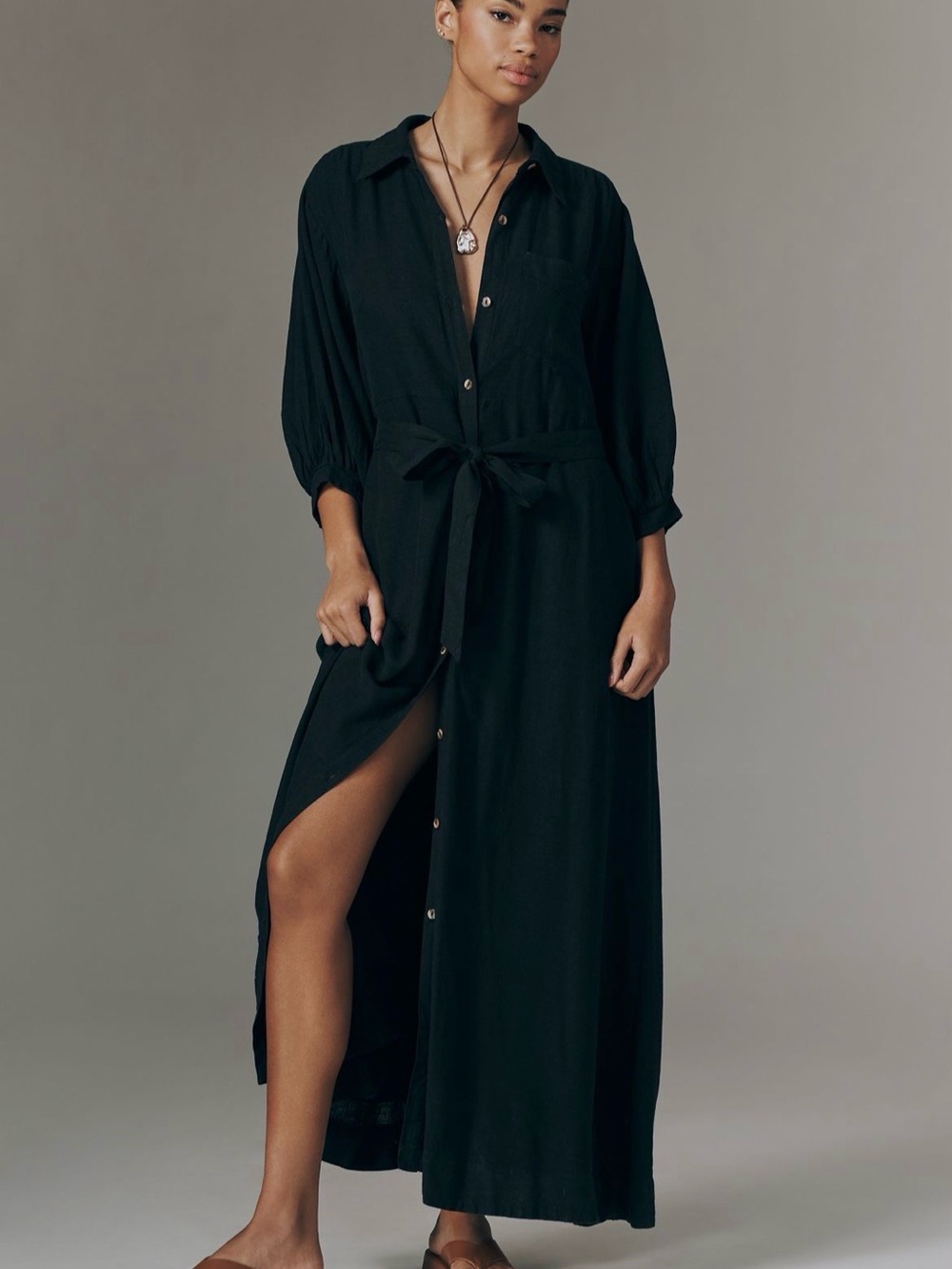 Like new, Anthropologie Maeve Mona Linen Maxi Shirtdress in Large Petite